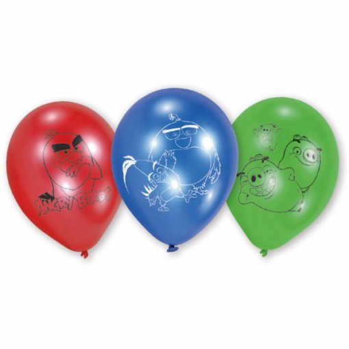 Três balões de látex coloridos com desenhos Angry Birds