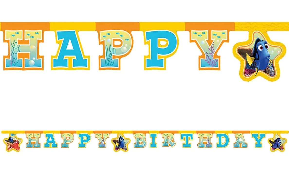 Faixa de aniversário 'HAPPY BIRTHDAY' com cores azul e amarelo e personagem Dory