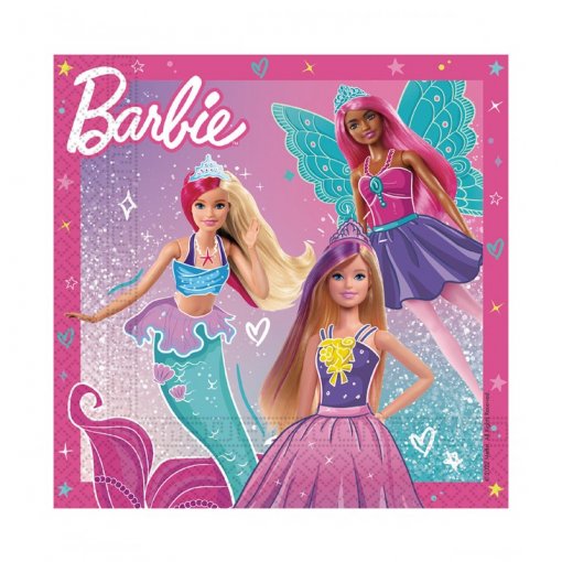 Imagem de três bonecas Barbie fadas em fundo rosa com glitter e corações