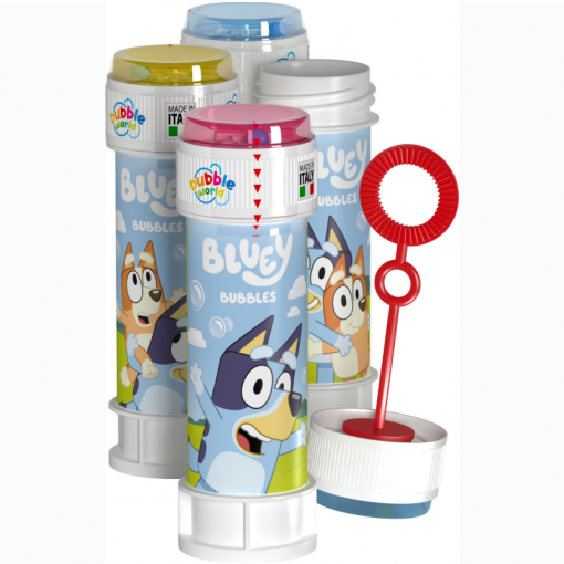 Frascos coloridos de bolhas de sabão Bluey com personagens animados e vareta vermelha.