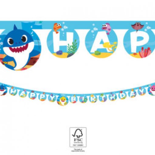 Guirlanda de papel Baby Shark com letras e personagens coloridos