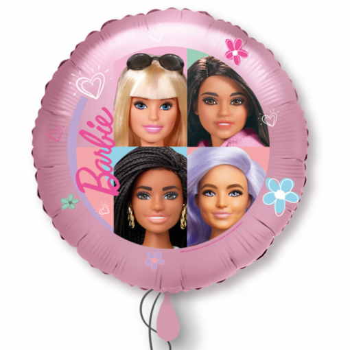 Balão redondo cor-de-rosa com quatro figuras femininas estilo Barbie