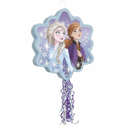 Piñata em forma de floco de neve com personagens Elsa e Anna de Frozen