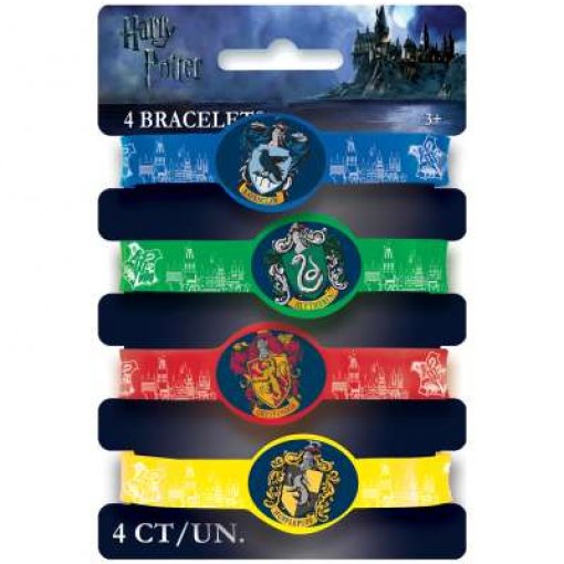 Conjunto de 4 pulseiras Harry Potter com emblemas das casas em embalagem azul.