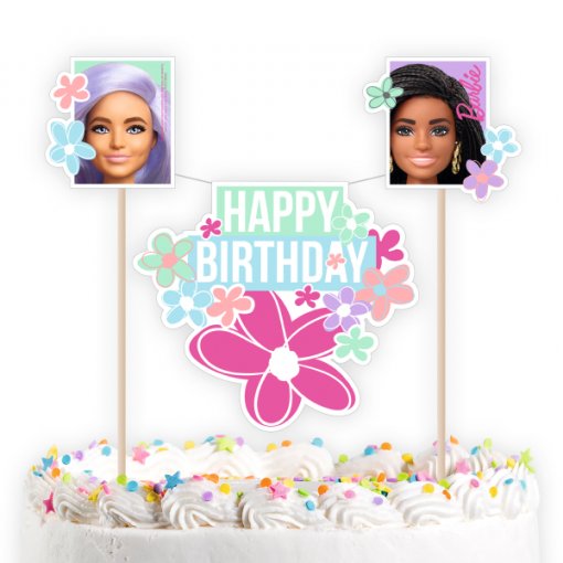 Topo de bolo Happy Birthday com imagens de bonecas e flores coloridas