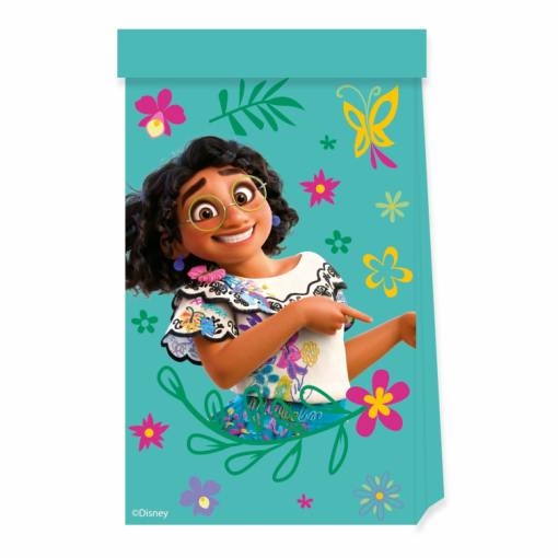 Saco azul com personagem Mirabel e flores coloridas