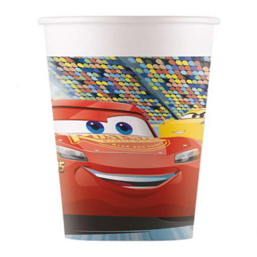 Copo de papel branco com personagens animados vermelhos e amarelos do filme Cars