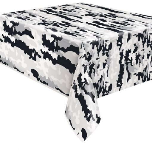 Toalha de mesa camuflada cinza, preto e branco
