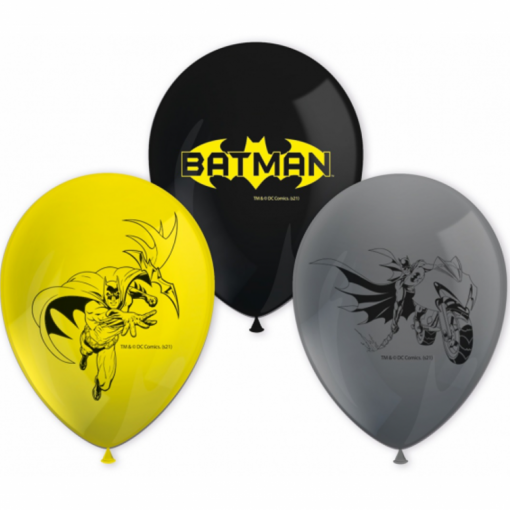 Três balões de látex preto, amarelo e cinza com imagens e logo do Batman.