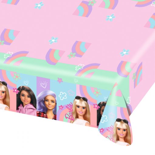 Toalha mesa rosa com bonecas e arco-íris