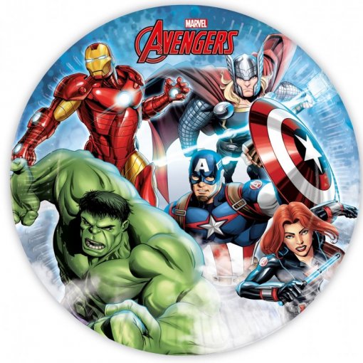 Prato redondo com design Marvel Avengers e texto MARVEL AVENGERS