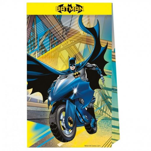 Sacola de papel do Batman com ilustração de Batman numa mota azul