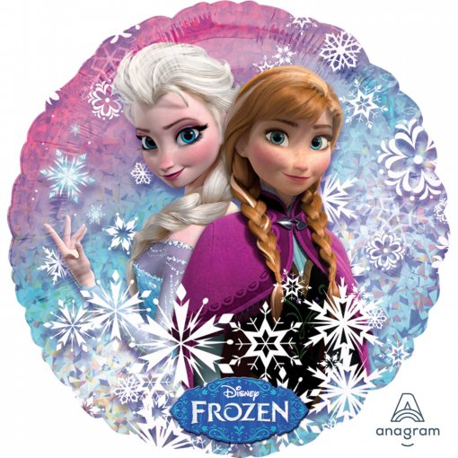 Balão com imagem das personagens Elsa e Anna do filme Disney Frozen e flocos de neve