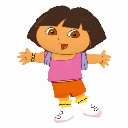 Personagem de desenho animado com t-shirt rosa e calções laranja