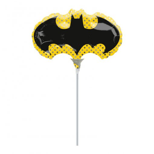 Balão foil formato símbolo Batman preto e amarelo com palito branco