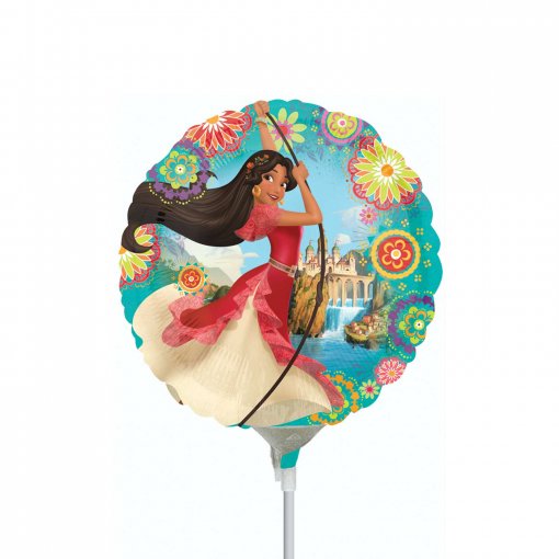 Balão redondo com personagem feminina vestida em vermelho e branco segurando arco, fundo azul com flores e castelo