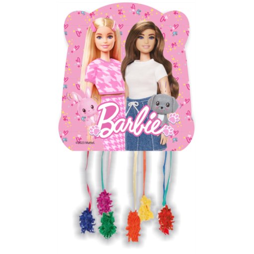 Brinquedo pendente com bonecas Barbie e texto