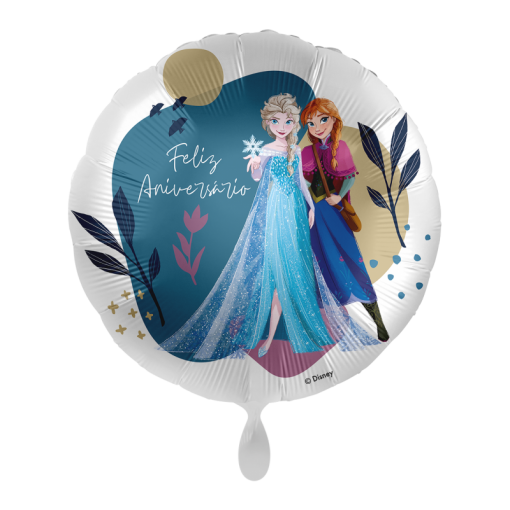 Balão redondo Branco com personagens Frozen e texto 'Feliz Aniversário'