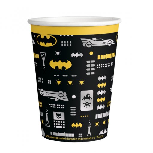 Copo de papel preto com símbolos do Batman em amarelo e branco