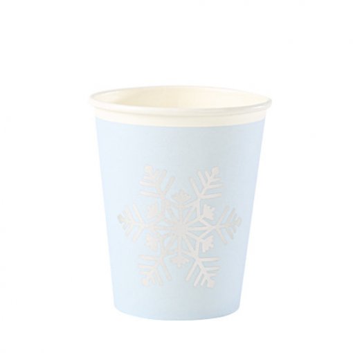 Copo de papel azul claro com floco de neve branco