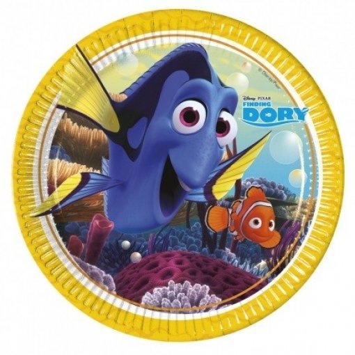 Prato de papel amarelo com imagem dos personagens Dory e Nemo e texto FINDING DORY