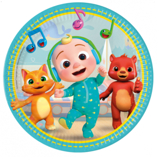 Prato redondo azul com bebé animado, gato e ursinho e notas musicais