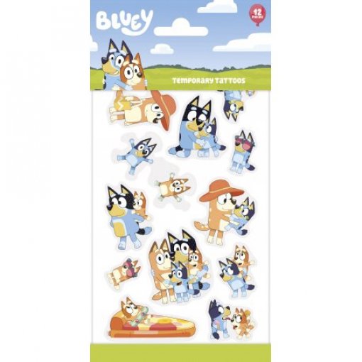 Tatuagens temporárias com personagens do desenho Bluey em embalagem azul e verde