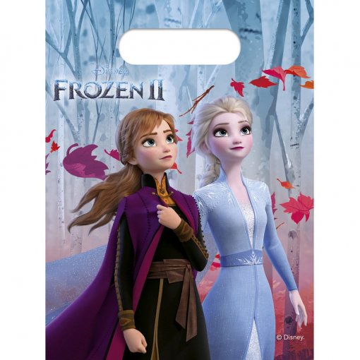 Saco plástico com personagens Frozen II Anna e Elsa, fundo de floresta e folhas coloridas