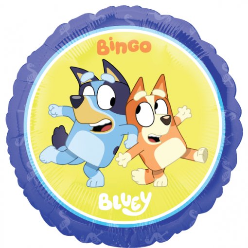 Balão redondo com personagens Bingo e Bluey e texto em laranja e branco