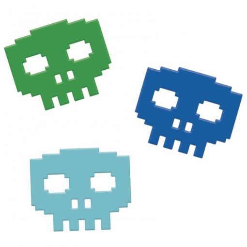 Ímanes de caveira pixelada em verde, azul escuro e azul claro