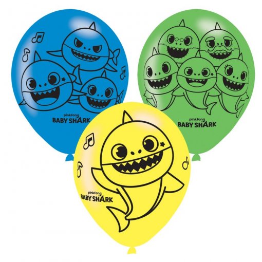 Três balões coloridos com desenhos de Baby Shark