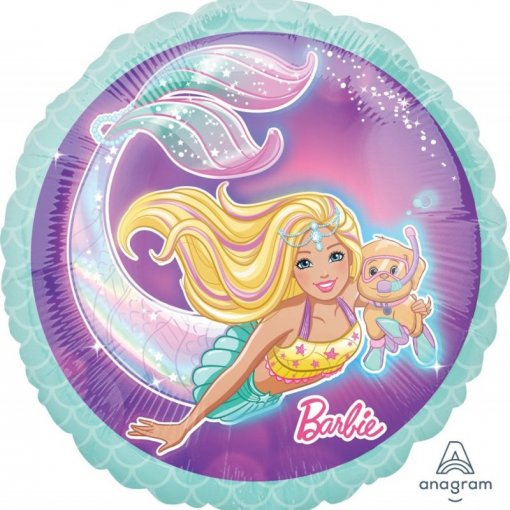 Balão redondo com imagem da Barbie sereia e animal com máscara de mergulho