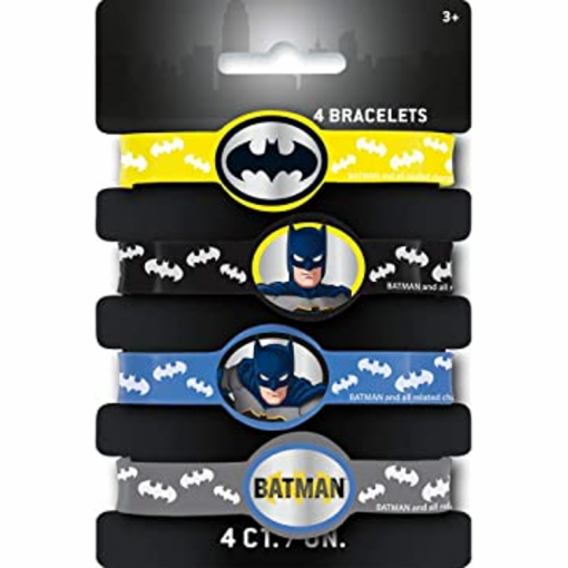 Pack de quatro pulseiras de silicone com motivos do Batman e embalagem preta