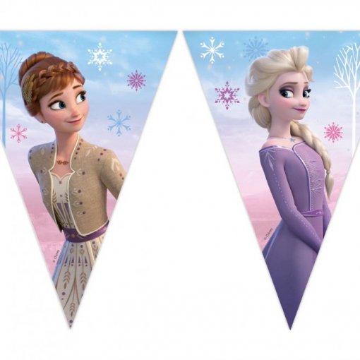 Bandeirolas triangulares com personagens da animação Frozen e flocos de neve