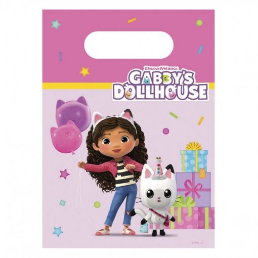 Saco de presente rosa com personagens animados e confetes coloridos