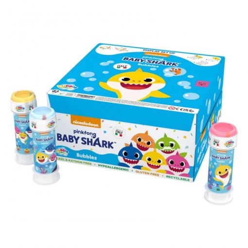 Conjunto de bolhas de sabão Pinkfong Baby Shark com frascos coloridos e caixa azul e branca