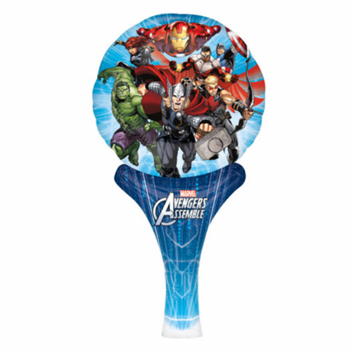 Raquete de praia azul com personagens dos Avengers da Marvel e texto MARVEL AVENGERS ASSEMBLE