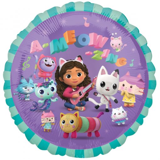 Balão foil redondo com personagens de gato e texto AMEOWZING