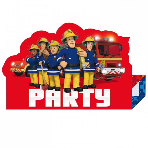 Adereço de festa com personagens de bombeiros animados e texto PARTY