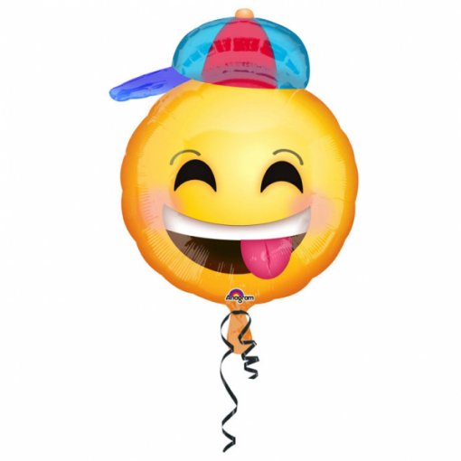 Balão emoji amarelo sorridente com boné colorido e fita preta