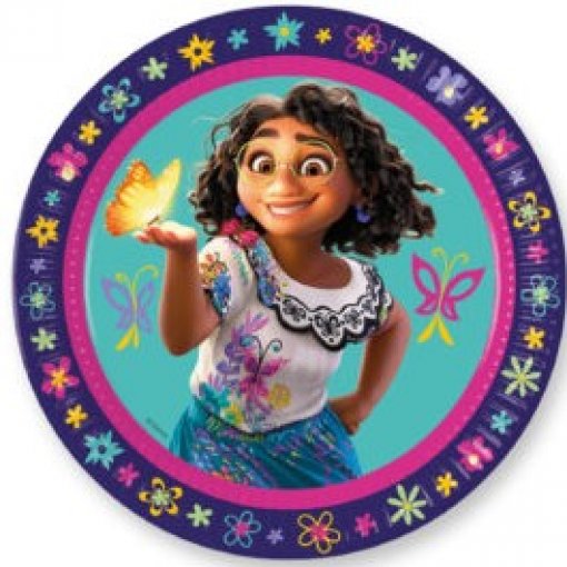 Prato redondo decorativo com personagem animada e borda roxa com flores e borboletas