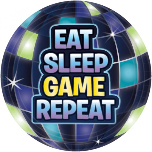 Bola decorativa com padrão geométrico e texto 'EAT SLEEP GAME REPEAT'