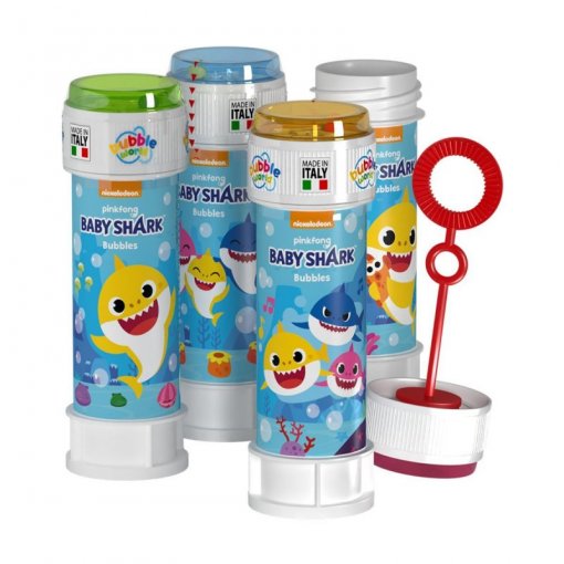 Frascos de bolhas de sabão Baby Shark com tampas coloridas e rótulos azuis com personagens cartoon