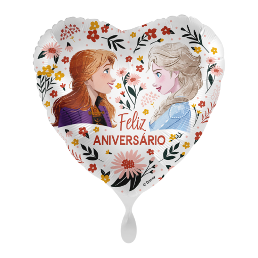 Balão coração metalizado com personagens de Frozen e texto Feliz Aniversário