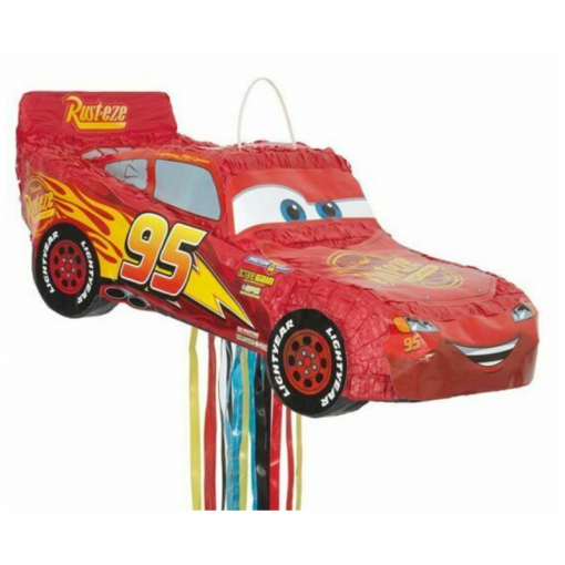 Pinata carro de corrida vermelho com número 95 e olhos azuis