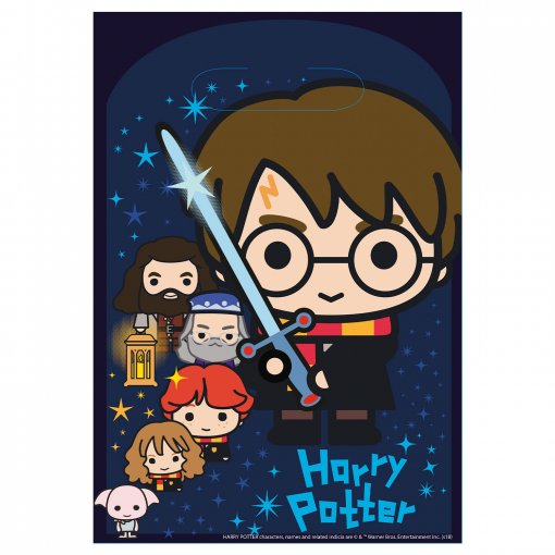 Personagens de Harry Potter em estilo cartoon com fundo estrelado e texto 'Harry Potter'