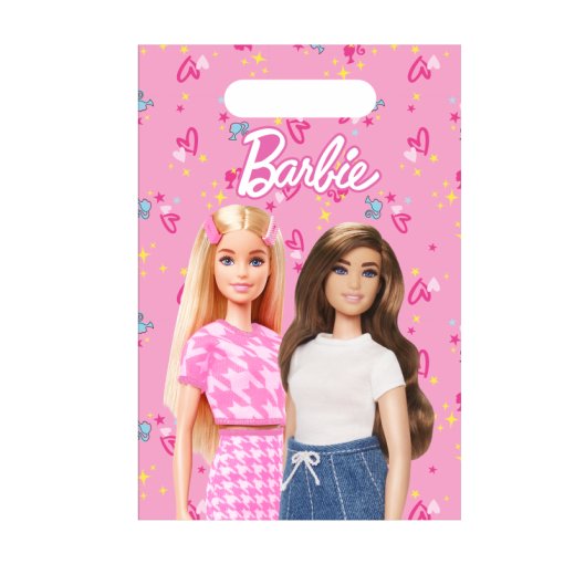 Sacola plástica rosa com bonecas Barbie e texto Barbie