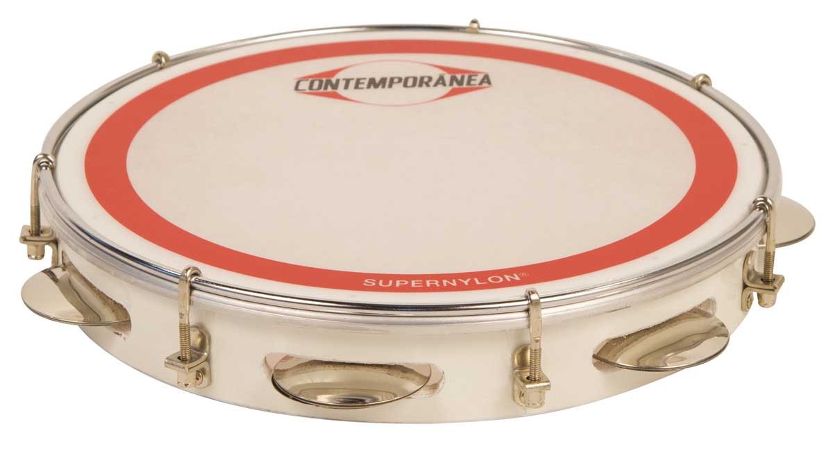 Pandeiro metálico com pele branca e detalhes vermelhos e metálicos