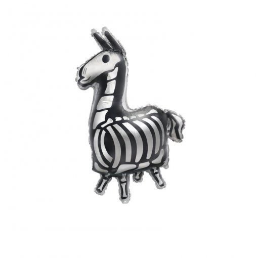 Balão metalizado em forma de lhama com padrão esqueleto preto e branco