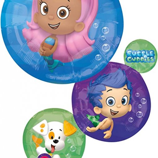 Três bóias insufláveis coloridas com personagens de desenhos animados e o texto BUBBLE GUPPIES